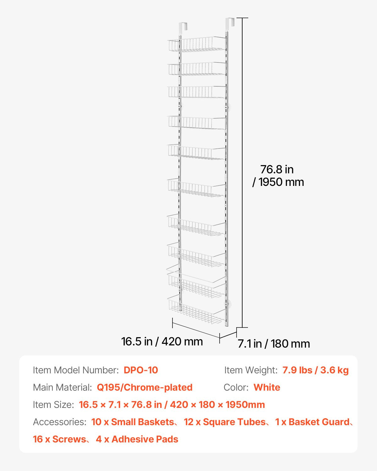 Over the Door Pantry Organizer, 10-Tier Pantry Organization and Storage, Heavy-Duty Steel Hanging Spice Rack, Adjustable Wall Seasoning Shelves, for Home Kitchen Laundry Room Bathroom, White