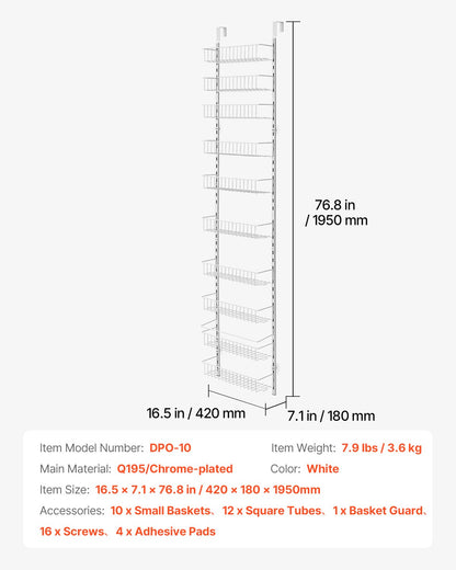 Over the Door Pantry Organizer, 10-Tier Pantry Organization and Storage, Heavy-Duty Steel Hanging Spice Rack, Adjustable Wall Seasoning Shelves, for Home Kitchen Laundry Room Bathroom, White