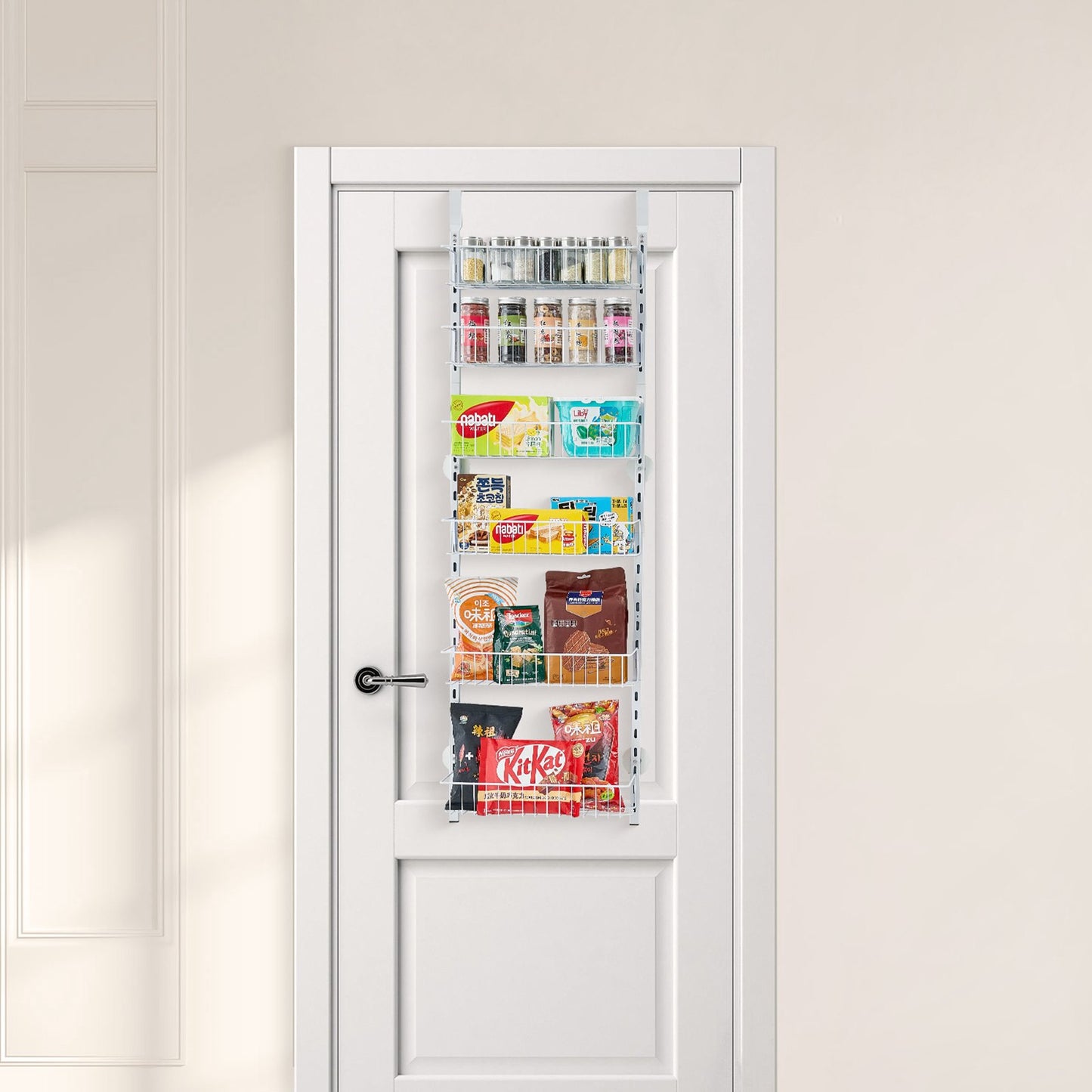 Over the Door Pantry Organizer, 6-Tier Pantry Organization and Storage, Heavy-Duty Steel Hanging Spice Rack, Adjustable Wall Seasoning Shelves, for Home Kitchen Laundry Room Bathroom, White