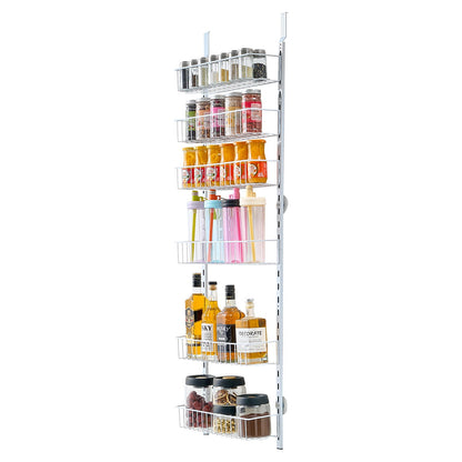 Over the Door Pantry Organizer, 6-Tier Pantry Organization and Storage, Heavy-Duty Steel Hanging Spice Rack, Adjustable Wall Seasoning Shelves, for Home Kitchen Laundry Room Bathroom, White