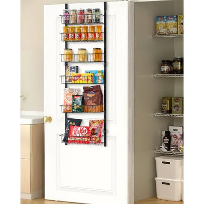 Over the Door Pantry Organizer, 6-Tier Pantry Organization and Storage, Heavy-Duty Steel Hanging Spice Rack, Adjustable Wall Seasoning Shelves, for Home Kitchen Laundry Room Bathroom, Black