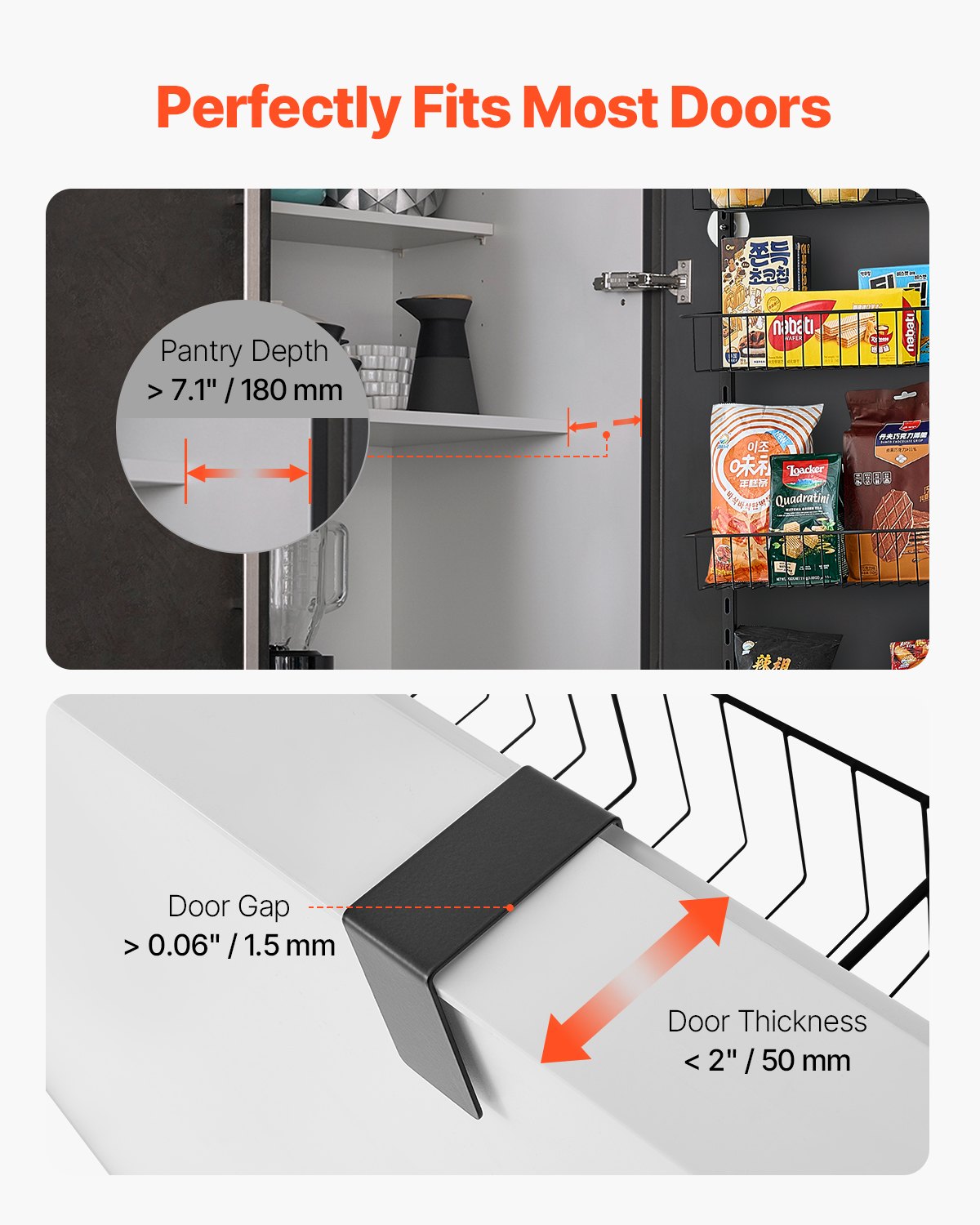 Over the Door Pantry Organizer, 6-Tier Pantry Organization and Storage, Heavy-Duty Steel Hanging Spice Rack, Adjustable Wall Seasoning Shelves, for Home Kitchen Laundry Room Bathroom, Black