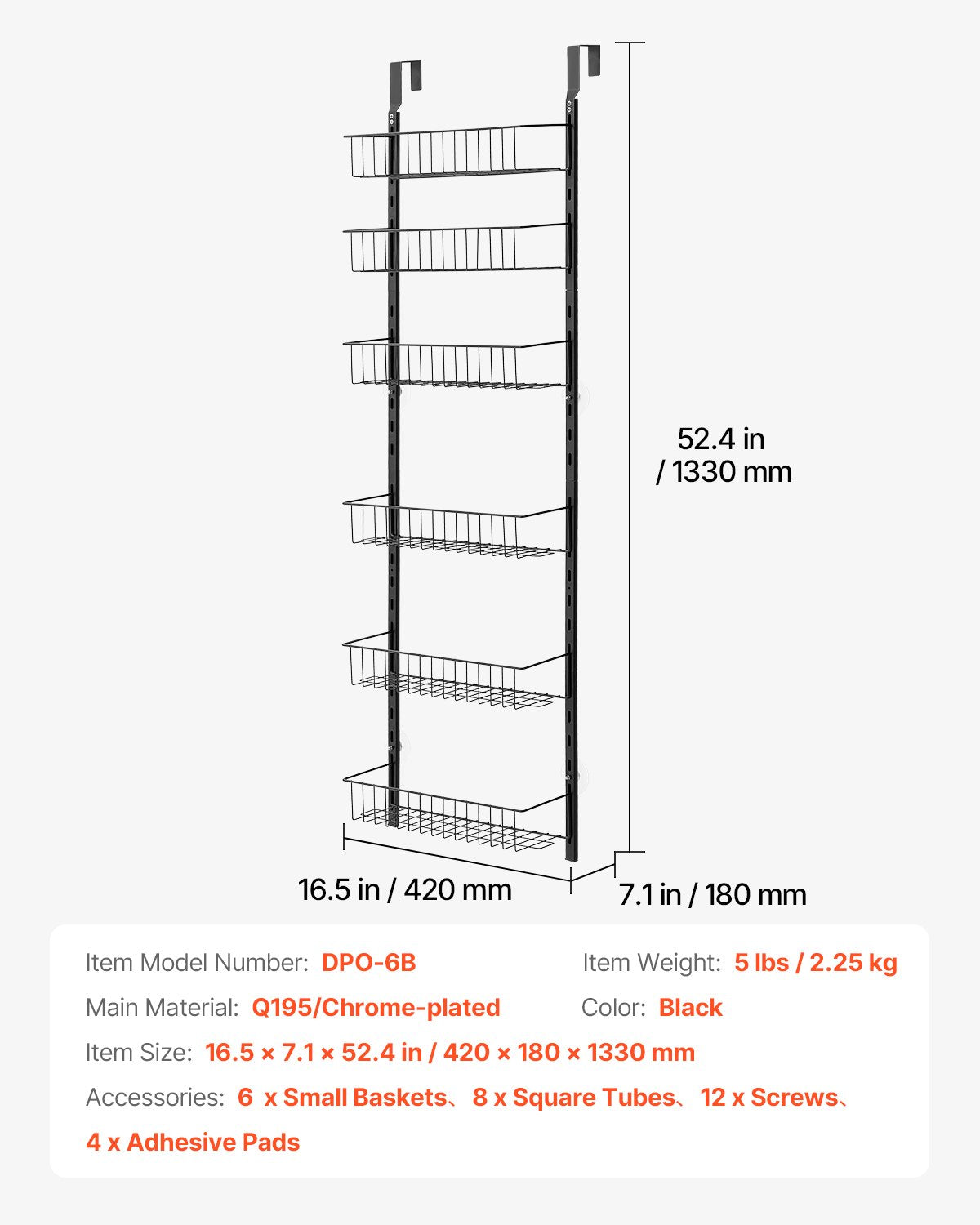 Over the Door Pantry Organizer, 6-Tier Pantry Organization and Storage, Heavy-Duty Steel Hanging Spice Rack, Adjustable Wall Seasoning Shelves, for Home Kitchen Laundry Room Bathroom, Black