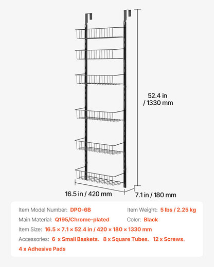 Over the Door Pantry Organizer, 6-Tier Pantry Organization and Storage, Heavy-Duty Steel Hanging Spice Rack, Adjustable Wall Seasoning Shelves, for Home Kitchen Laundry Room Bathroom, Black