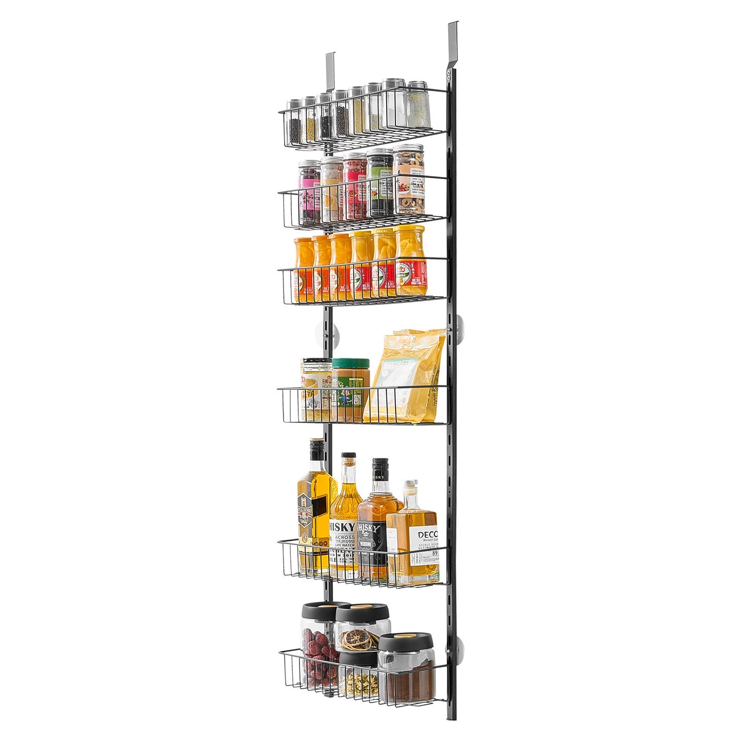 Over the Door Pantry Organizer, 6-Tier Pantry Organization and Storage, Heavy-Duty Steel Hanging Spice Rack, Adjustable Wall Seasoning Shelves, for Home Kitchen Laundry Room Bathroom, Black