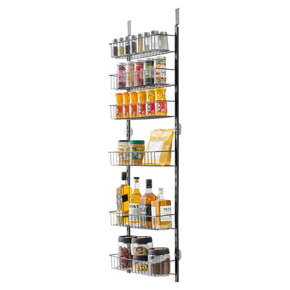 Over the Door Pantry Organizer, 6-Tier Pantry Organization and Storage, Heavy-Duty Steel Hanging Spice Rack, Adjustable Wall Seasoning Shelves, for Home Kitchen Laundry Room Bathroom, Black