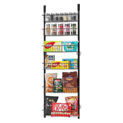 Over the Door Pantry Organizer, 6-Tier Pantry Organization and Storage, Heavy-Duty Steel Hanging Spice Rack, Adjustable Wall Seasoning Shelves, for Home Kitchen Laundry Room Bathroom, Black