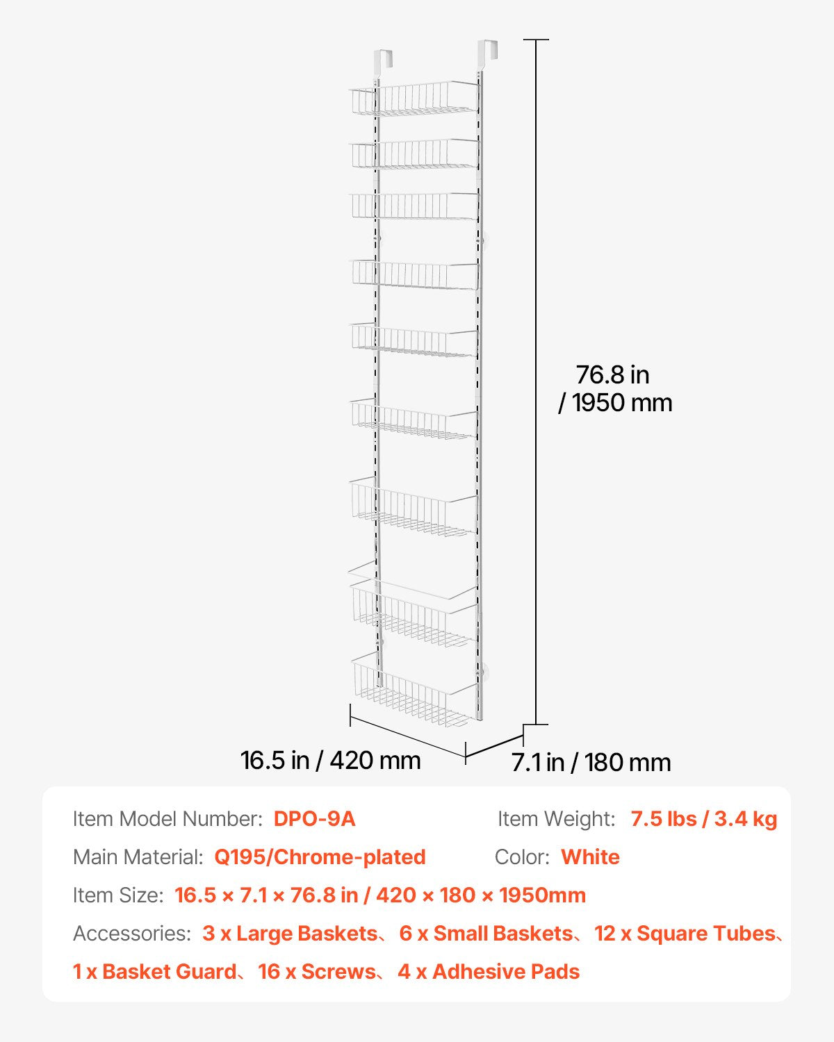 Over the Door Pantry Organizer, 9-Tier Pantry Organization and Storage, Heavy-Duty Steel Hanging Spice Rack, Adjustable Wall Seasoning Shelves, for Home Kitchen Laundry Room Bathroom, White