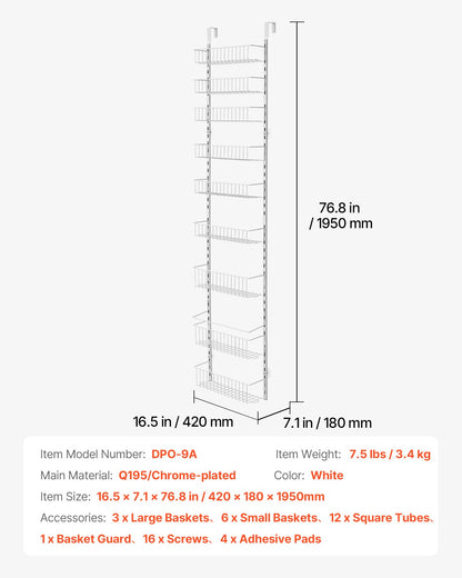 Over the Door Pantry Organizer, 9-Tier Pantry Organization and Storage, Heavy-Duty Steel Hanging Spice Rack, Adjustable Wall Seasoning Shelves, for Home Kitchen Laundry Room Bathroom, White