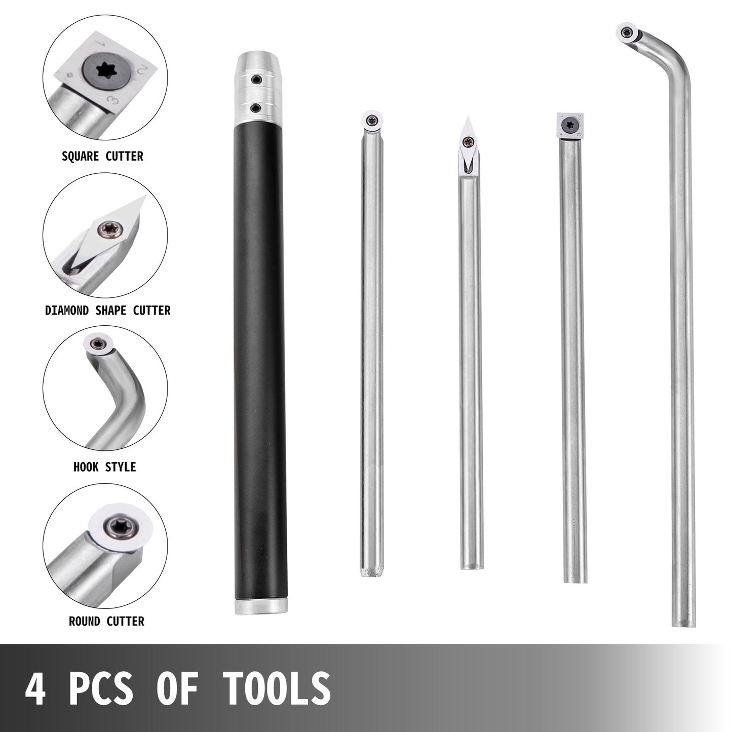 4-teiliges Drechselwerkzeug-Set aus Hartmetall mit rautenförmigen, runden und quadratischen Schneidwerkzeugen, austauschbaren Drechselmeißeln und Griff. Ideal für Heimwerker und Bastler.