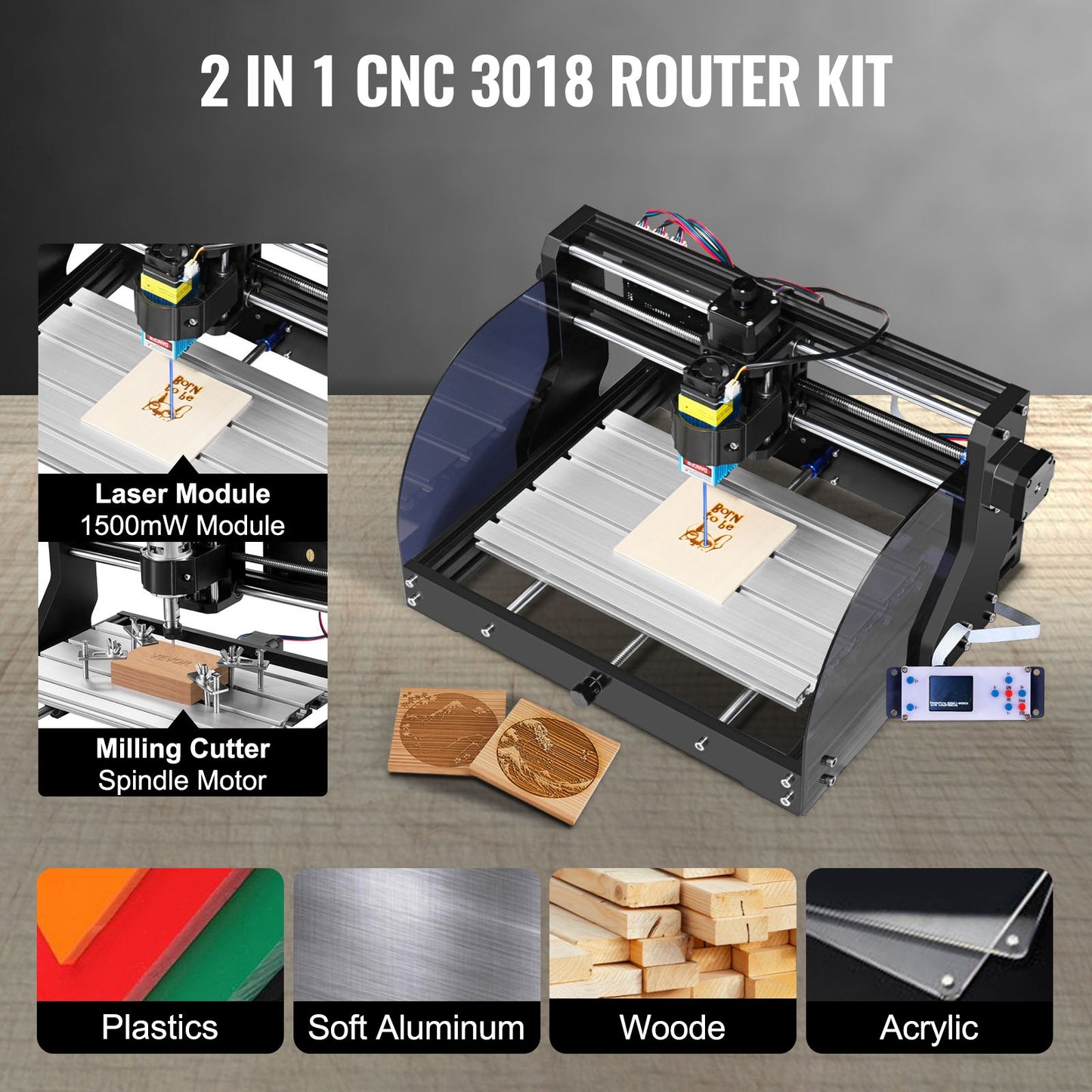 Graviermaschine 300×180×45 mm CNC-Fräse CNC 3018 Pro 15W Lasergravierer GRBL-Steuerung 3-Achsen-Lasergravurmaschine mit Offline-Controller, zum Gravieren von Kunststoff, Acryl, PVC und Holz