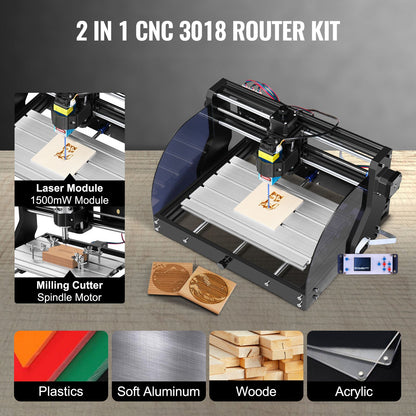 Graviermaschine 300×180×45 mm CNC-Fräse CNC 3018 Pro 15W Lasergravierer GRBL-Steuerung 3-Achsen-Lasergravurmaschine mit Offline-Controller, zum Gravieren von Kunststoff, Acryl, PVC und Holz