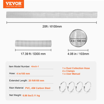 10,2 cm x 609,6 cm Staubabsaugschlauch, verdicktes PVC, flexibler, transparenter Schlauch