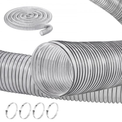 Absaugschlauch, 4 Zoll x 50 Fuß, verdicktes, durchstoßfestes, flexibles und transparentes PVC-Material mit Stahldrahtspirale, 4 x Edelstahlklemmen (304), für Tischkreissäge, Bandsäge, Hobelmaschine und Abrichte.