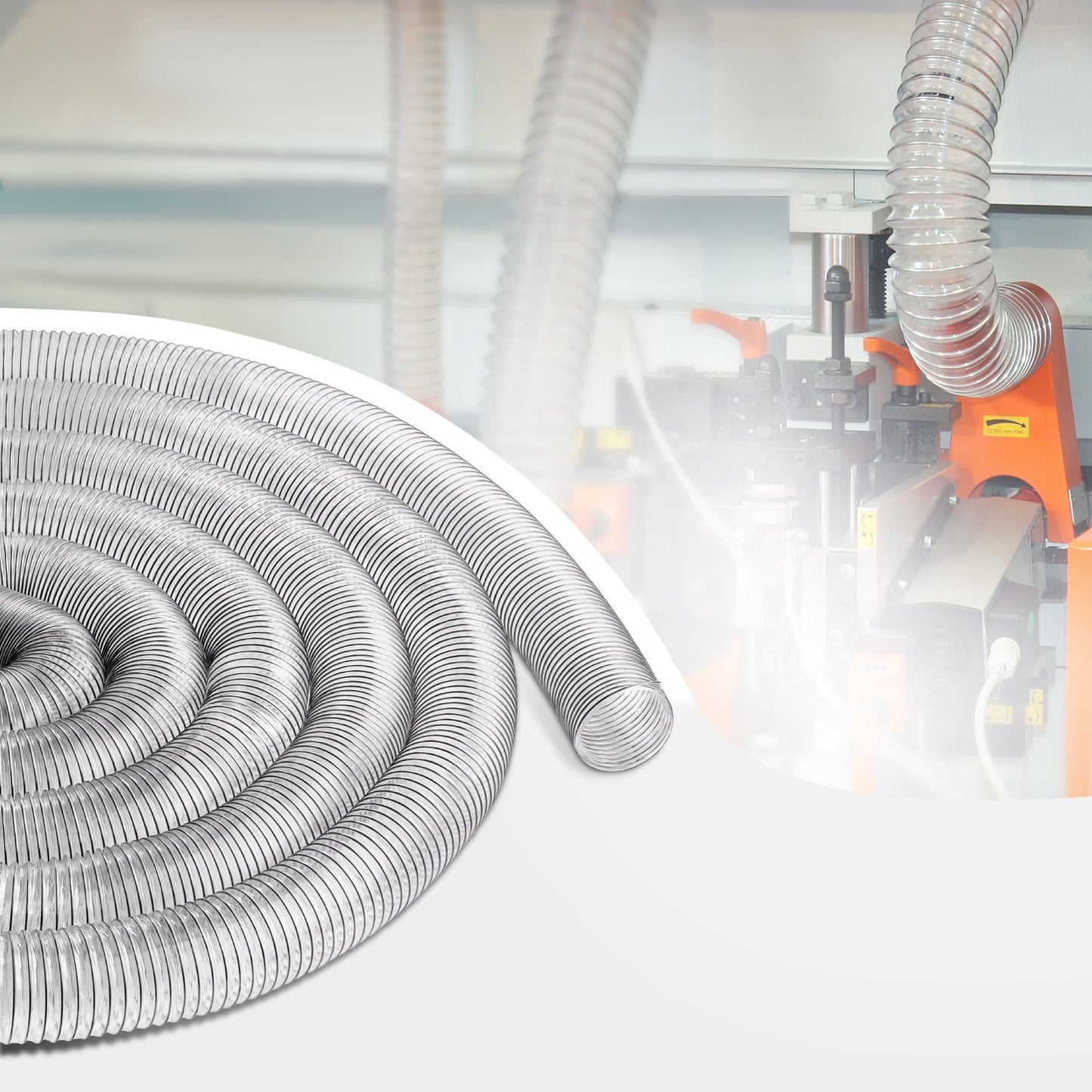 Absaugschlauch, 4 Zoll x 50 Fuß, verdicktes, durchstoßfestes, flexibles und transparentes PVC-Material mit Stahldrahtspirale, 4 x Edelstahlklemmen (304), für Tischkreissäge, Bandsäge, Hobelmaschine und Abrichte.