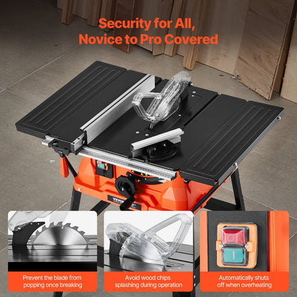Table Saw with Stand, 254 mm, 1800W Portable Compact Tablesaw, 200 mm Max Rip Capacity, 4800RPM Cutting Speed, with 24 Teeth Saw Blade, Sliding Miter Gauge, for Woodworking & Furniture Making