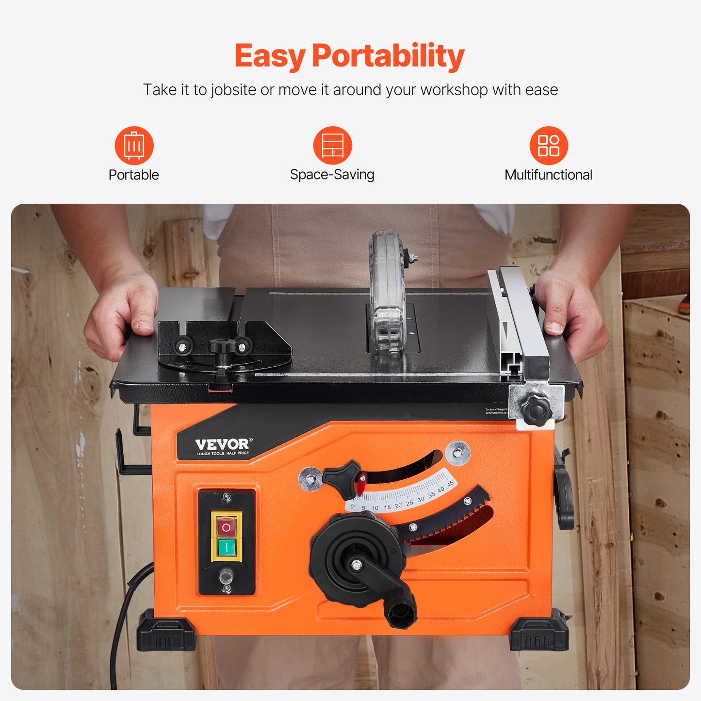 Table Saw for Jobsite, 210 mm, 1200W Portable Compact Tablesaw, 225mm Max Rip Capacity, 4800RPM Cutting Speed, with 24 Teeth Saw Blade, Sliding Miter Gauge, for DIY Woodworking Furniture Making