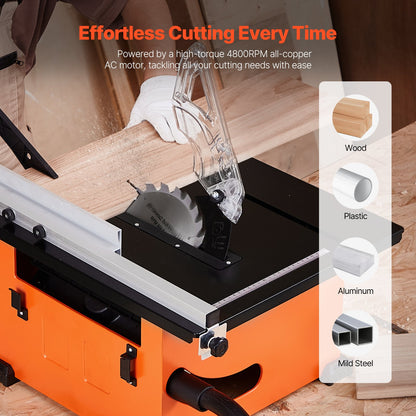 Table Saw for Jobsite, 210 mm, 1200W Portable Compact Tablesaw, 225mm Max Rip Capacity, 4800RPM Cutting Speed, with 24 Teeth Saw Blade, Sliding Miter Gauge, for DIY Woodworking Furniture Making