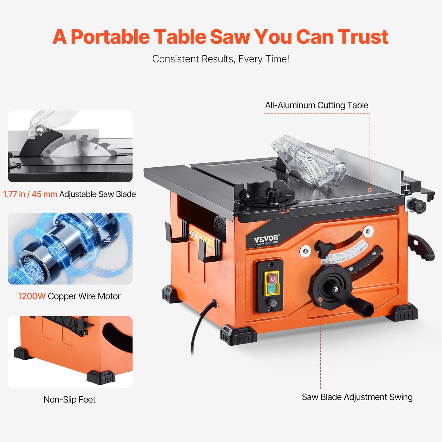 Table Saw for Jobsite, 210 mm, 1200W Portable Compact Tablesaw, 225mm Max Rip Capacity, 4800RPM Cutting Speed, with 24 Teeth Saw Blade, Sliding Miter Gauge, for DIY Woodworking Furniture Making