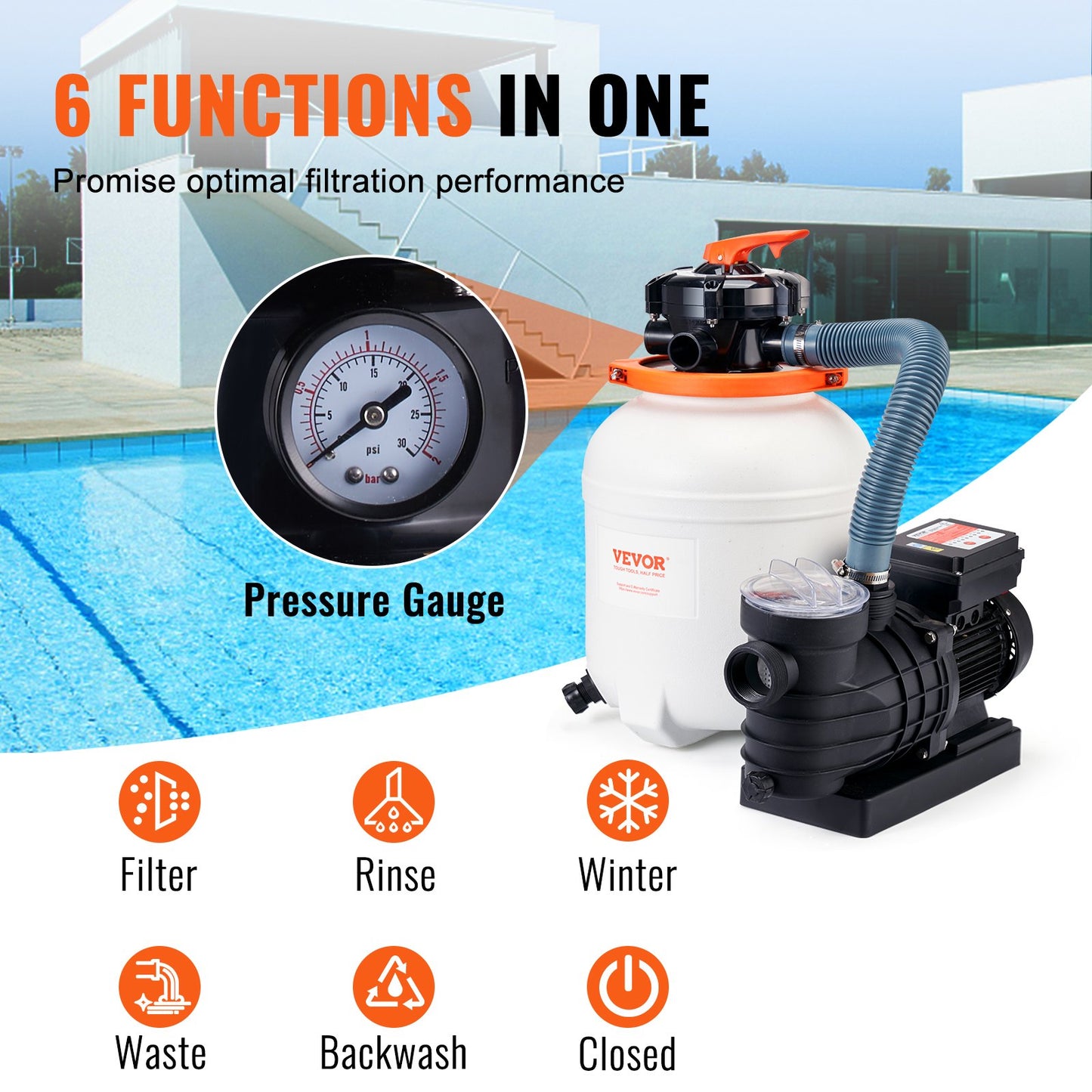 Sandfilterpumpe für Aufstellpools, 300 mm/12 Zoll, 10.000 l/h, 285 W, Schwimmbadpumpensystem &amp; Filter-Kombinationsset mit 6-Wege-Mehrwegeventil &amp; Siebkorb, für private und gewerbliche Schwimmbäder