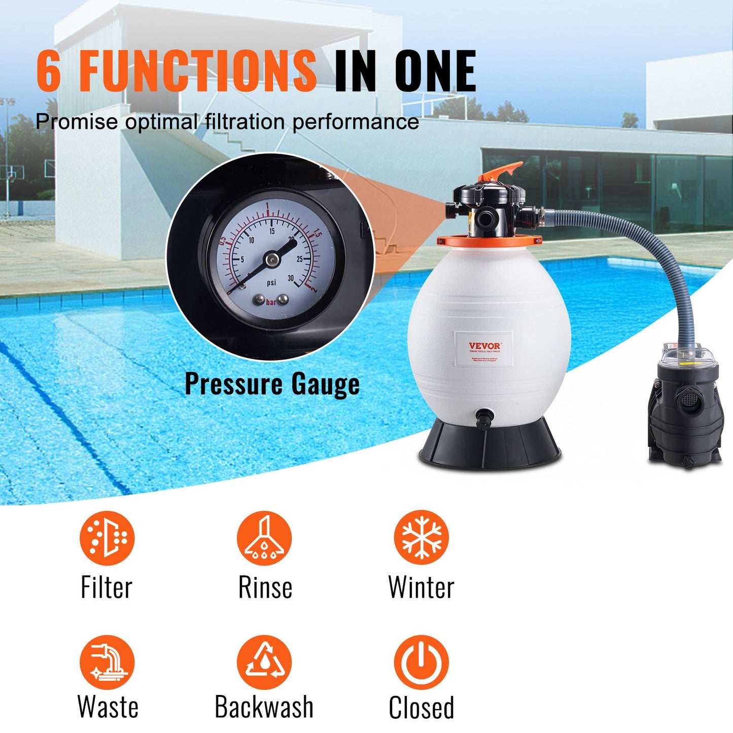 Sandfilterpumpe für Aufstellpools, 400 mm/16 Zoll, 18.000 l/h, 850 W Schwimmbadpumpensystem &amp; Filter-Kombinationsset mit 6-Wege-Mehrwegeventil und Siebkorb, für private und gewerbliche Schwimmbäder