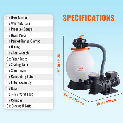 Sandfilterpumpe für Aufstellpools, 400 mm/16 Zoll, 18.000 l/h, 850 W Schwimmbadpumpensystem &amp; Filter-Kombinationsset mit 6-Wege-Mehrwegeventil und Siebkorb, für private und gewerbliche Schwimmbäder