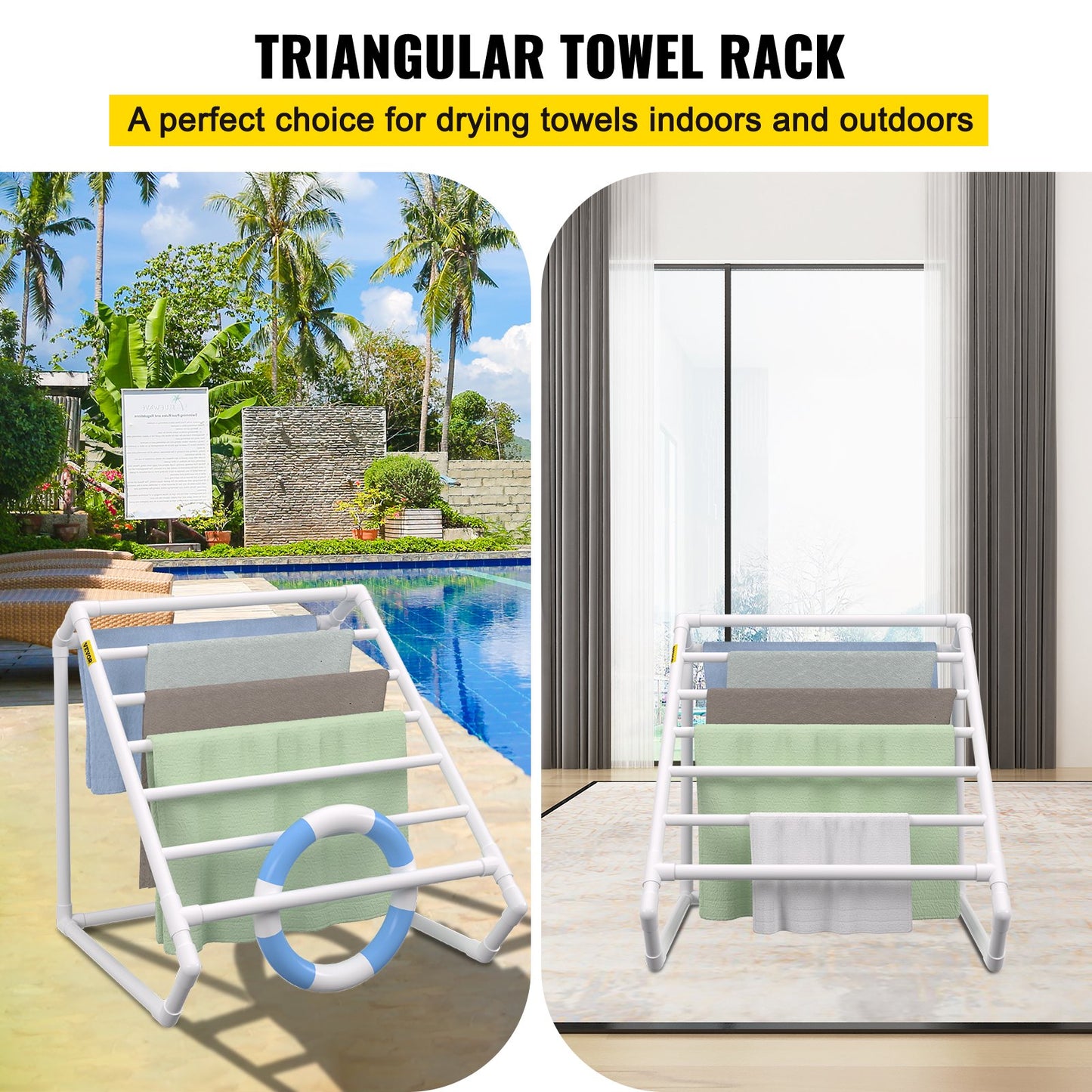 Pool Towel Rack, 8 Bar, White, Freestanding Outdoor PVC Triangular Poolside Storage Organizer, Include 8 Towel Clips, Mesh Bag, Hook, Also Stores Floats and Paddles, for Beach, Swimming Pool