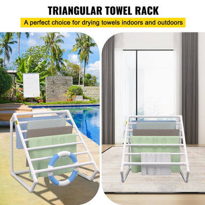 Pool Towel Rack, 8 Bar, White, Freestanding Outdoor PVC Triangular Poolside Storage Organizer, Include 8 Towel Clips, Mesh Bag, Hook, Also Stores Floats and Paddles, for Beach, Swimming Pool