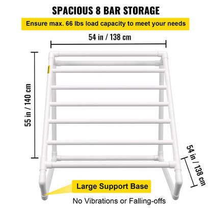 Pool Towel Rack, 8 Bar, White, Freestanding Outdoor PVC Triangular Poolside Storage Organizer, Include 8 Towel Clips, Mesh Bag, Hook, Also Stores Floats and Paddles, for Beach, Swimming Pool