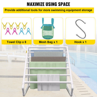 Pool Towel Rack, 8 Bar, White, Freestanding Outdoor PVC Triangular Poolside Storage Organizer, Include 8 Towel Clips, Mesh Bag, Hook, Also Stores Floats and Paddles, for Beach, Swimming Pool