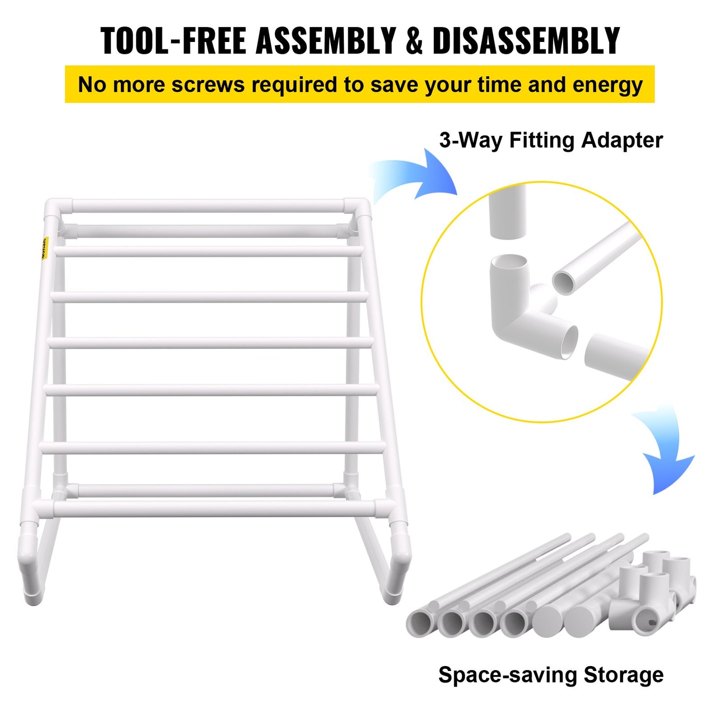 Pool Towel Rack, 8 Bar, White, Freestanding Outdoor PVC Triangular Poolside Storage Organizer, Include 8 Towel Clips, Mesh Bag, Hook, Also Stores Floats and Paddles, for Beach, Swimming Pool