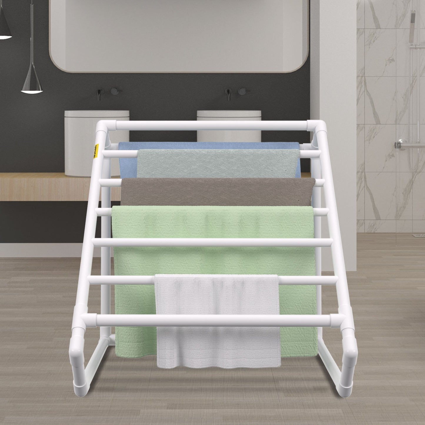 Pool Towel Rack, 8 Bar, White, Freestanding Outdoor PVC Triangular Poolside Storage Organizer, Include 8 Towel Clips, Mesh Bag, Hook, Also Stores Floats and Paddles, for Beach, Swimming Pool