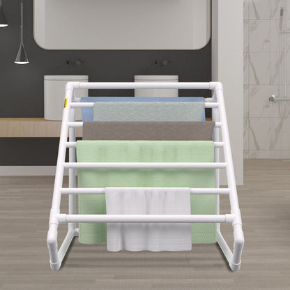 Pool Towel Rack, 8 Bar, White, Freestanding Outdoor PVC Triangular Poolside Storage Organizer, Include 8 Towel Clips, Mesh Bag, Hook, Also Stores Floats and Paddles, for Beach, Swimming Pool