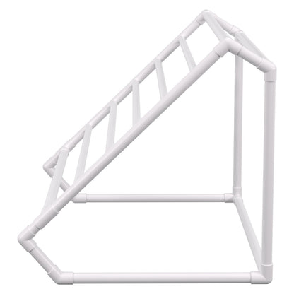 Pool Towel Rack, 8 Bar, White, Freestanding Outdoor PVC Triangular Poolside Storage Organizer, Include 8 Towel Clips, Mesh Bag, Hook, Also Stores Floats and Paddles, for Beach, Swimming Pool