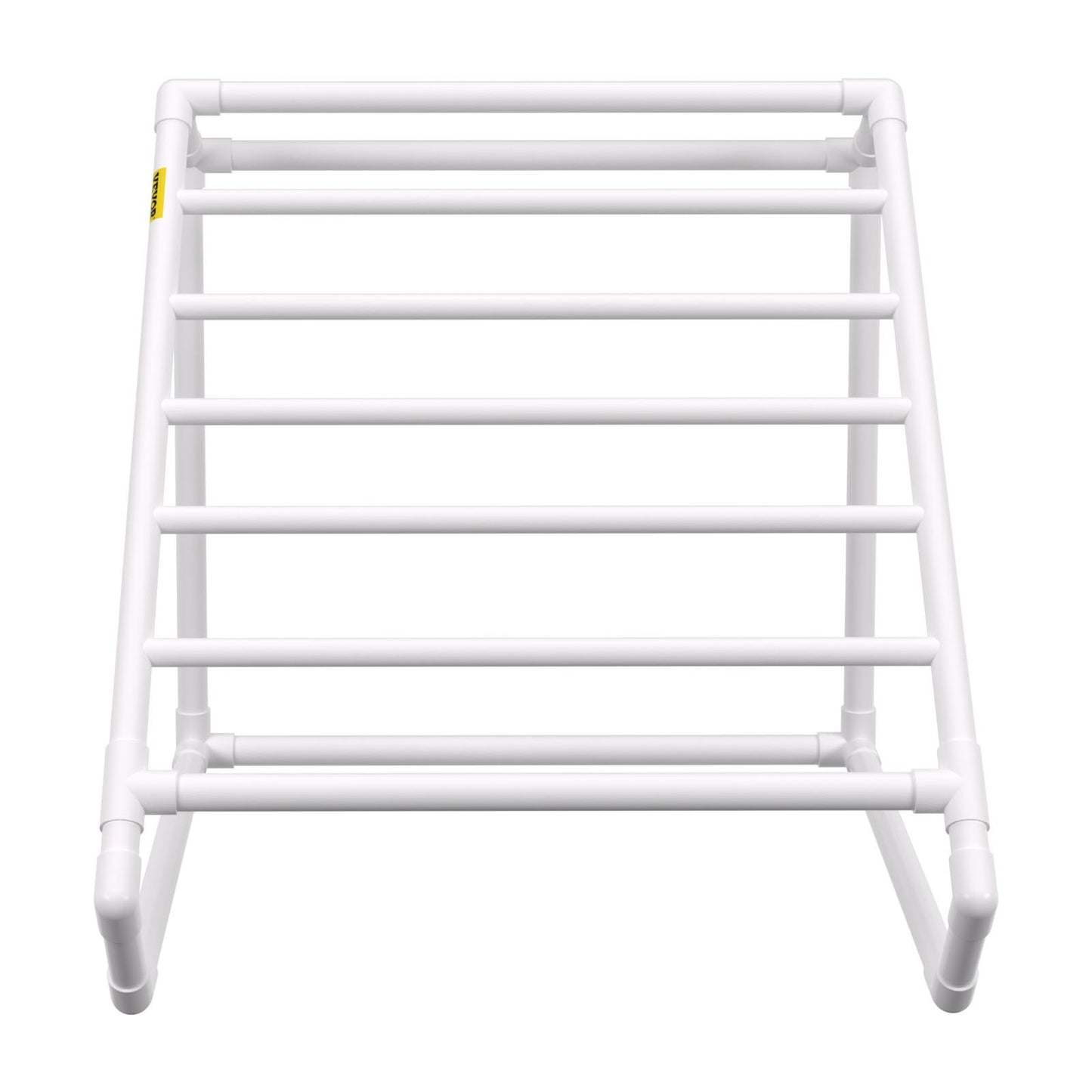 Pool Towel Rack, 8 Bar, White, Freestanding Outdoor PVC Triangular Poolside Storage Organizer, Include 8 Towel Clips, Mesh Bag, Hook, Also Stores Floats and Paddles, for Beach, Swimming Pool