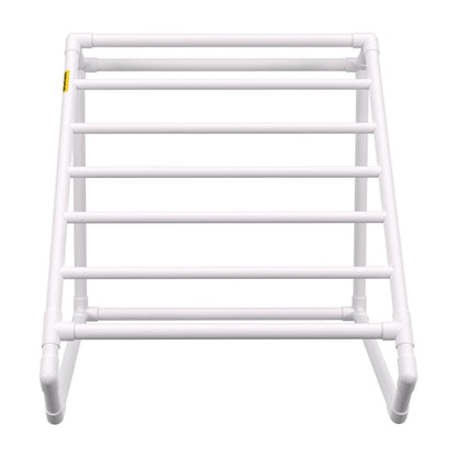 Pool Towel Rack, 8 Bar, White, Freestanding Outdoor PVC Triangular Poolside Storage Organizer, Include 8 Towel Clips, Mesh Bag, Hook, Also Stores Floats and Paddles, for Beach, Swimming Pool