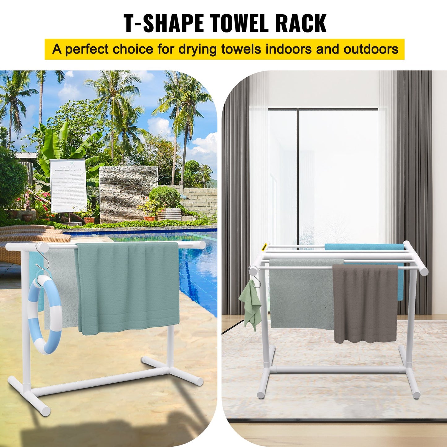 Pool Towel Rack, 5 Bar, White, Freestanding Outdoor PVC T-Shape Poolside Storage Organizer, Include 8 Towel Clips, Mesh Bag, Hook, Also Stores Floats and Paddles, for Beach, Swimming Pool, Home