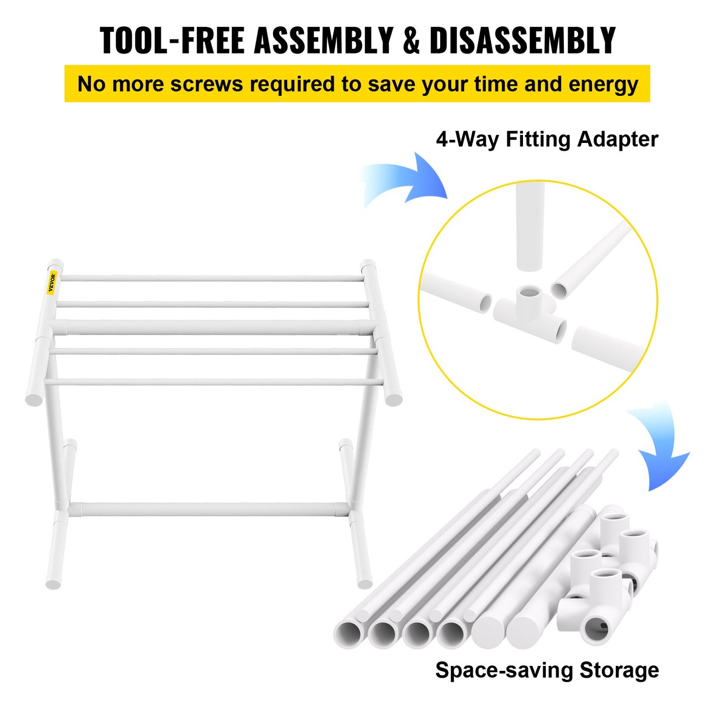 Pool Towel Rack, 5 Bar, White, Freestanding Outdoor PVC T-Shape Poolside Storage Organizer, Include 8 Towel Clips, Mesh Bag, Hook, Also Stores Floats and Paddles, for Beach, Swimming Pool, Home