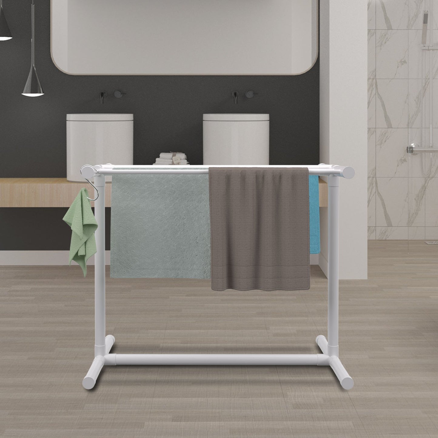 Pool Towel Rack, 5 Bar, White, Freestanding Outdoor PVC T-Shape Poolside Storage Organizer, Include 8 Towel Clips, Mesh Bag, Hook, Also Stores Floats and Paddles, for Beach, Swimming Pool, Home