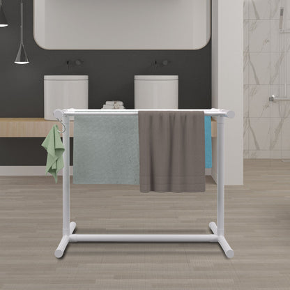 Pool Towel Rack, 5 Bar, White, Freestanding Outdoor PVC T-Shape Poolside Storage Organizer, Include 8 Towel Clips, Mesh Bag, Hook, Also Stores Floats and Paddles, for Beach, Swimming Pool, Home