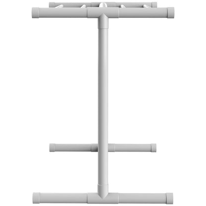 Pool Towel Rack, 5 Bar, White, Freestanding Outdoor PVC T-Shape Poolside Storage Organizer, Include 8 Towel Clips, Mesh Bag, Hook, Also Stores Floats and Paddles, for Beach, Swimming Pool, Home