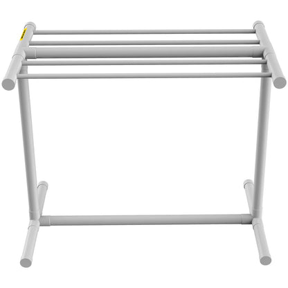 Pool Towel Rack, 5 Bar, White, Freestanding Outdoor PVC T-Shape Poolside Storage Organizer, Include 8 Towel Clips, Mesh Bag, Hook, Also Stores Floats and Paddles, for Beach, Swimming Pool, Home