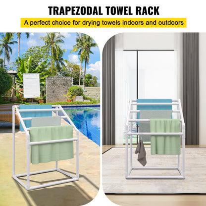 Pool Towel Rack, 5 Bar, White, Freestanding Outdoor PVC Trapedozal Poolside Storage Organizer, Include 8 Towel Clips, Mesh Bag, Hook, Also Stores Floats and Paddles, for Beach, Swimming Pool