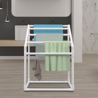 Pool Towel Rack, 5 Bar, White, Freestanding Outdoor PVC Trapedozal Poolside Storage Organizer, Include 8 Towel Clips, Mesh Bag, Hook, Also Stores Floats and Paddles, for Beach, Swimming Pool