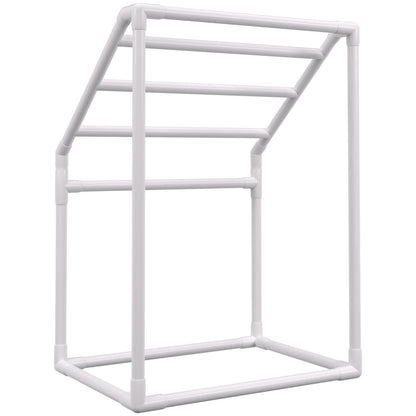 Pool Towel Rack, 5 Bar, White, Freestanding Outdoor PVC Trapedozal Poolside Storage Organizer, Include 8 Towel Clips, Mesh Bag, Hook, Also Stores Floats and Paddles, for Beach, Swimming Pool