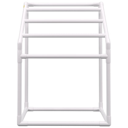 Pool Towel Rack, 5 Bar, White, Freestanding Outdoor PVC Trapedozal Poolside Storage Organizer, Include 8 Towel Clips, Mesh Bag, Hook, Also Stores Floats and Paddles, for Beach, Swimming Pool