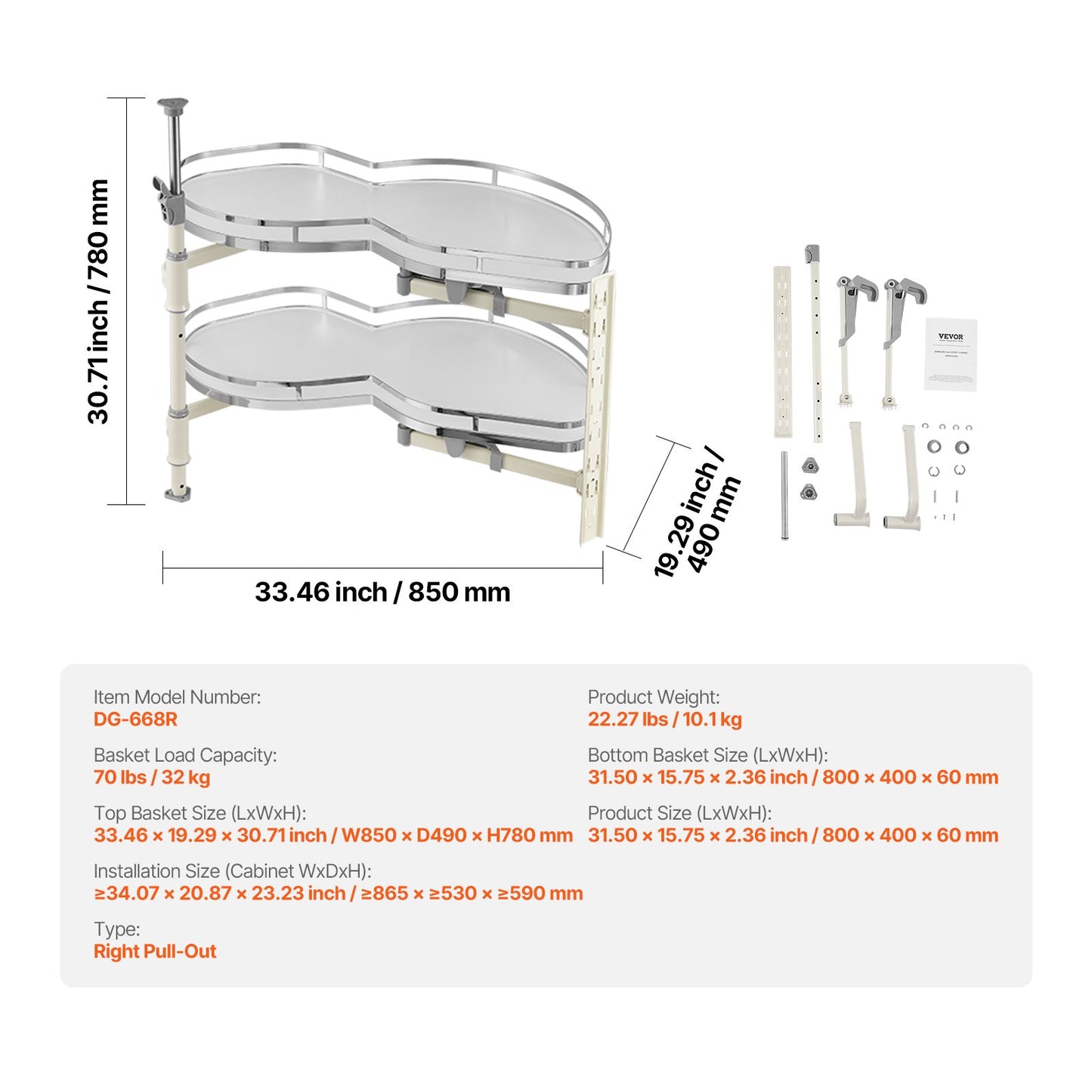 Swing Right Blind Corner Cabinet, Pull Out Organizer for 36 inch Width Blind Cabinet, 2 Tier Height Adjustable Swing Tray, Soft Close Kitchen Cloud Blind Organizer, Right Open