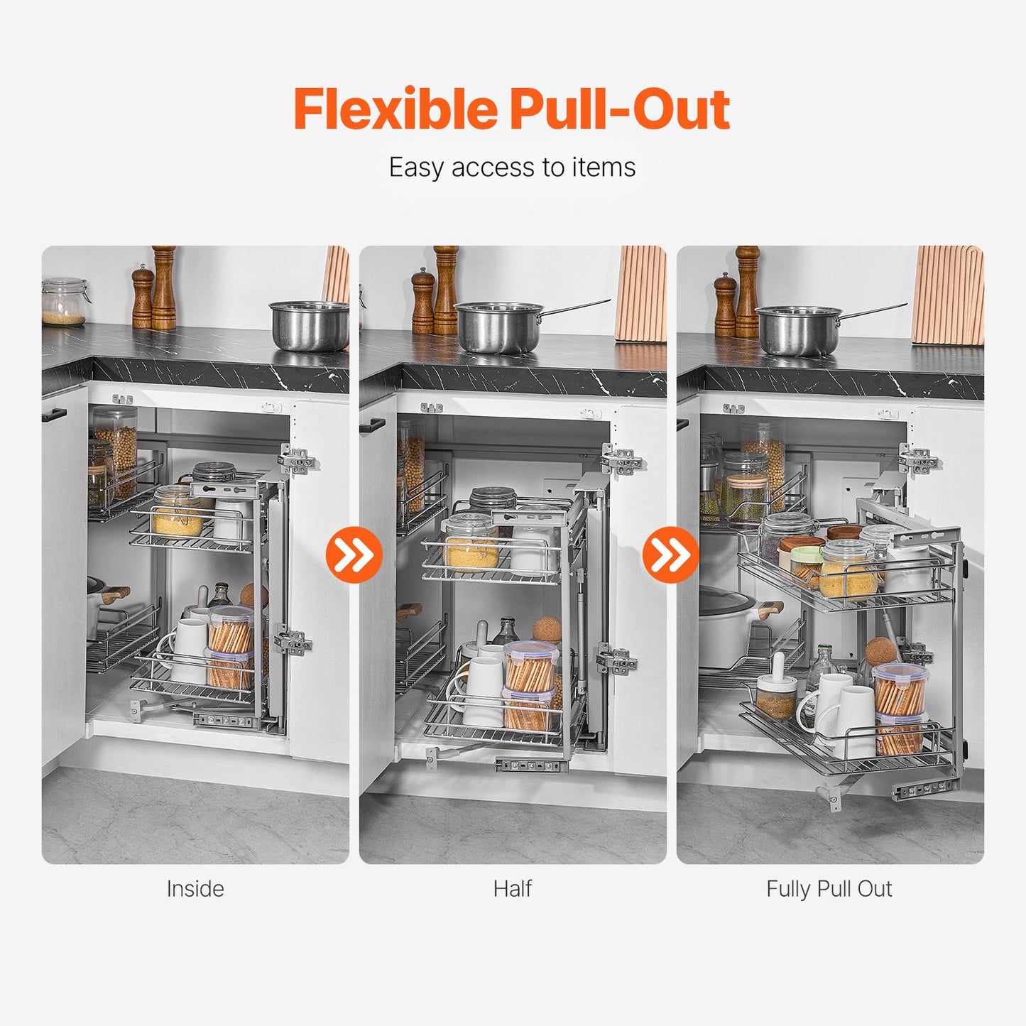 18"W Opening Blind Corner Pull Out Organizer, 2 Tier 4 Shelf Kitchen Cabinet Organizer, Magic Chrome Carbon Steel Storage Basket, Slide Out Storage Organizer, Left & Right Open Compatible