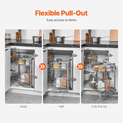 18"W Opening Blind Corner Pull Out Organizer, 2 Tier 4 Shelf Kitchen Cabinet Organizer, Magic Chrome Carbon Steel Storage Basket, Slide Out Storage Organizer, Left & Right Open Compatible