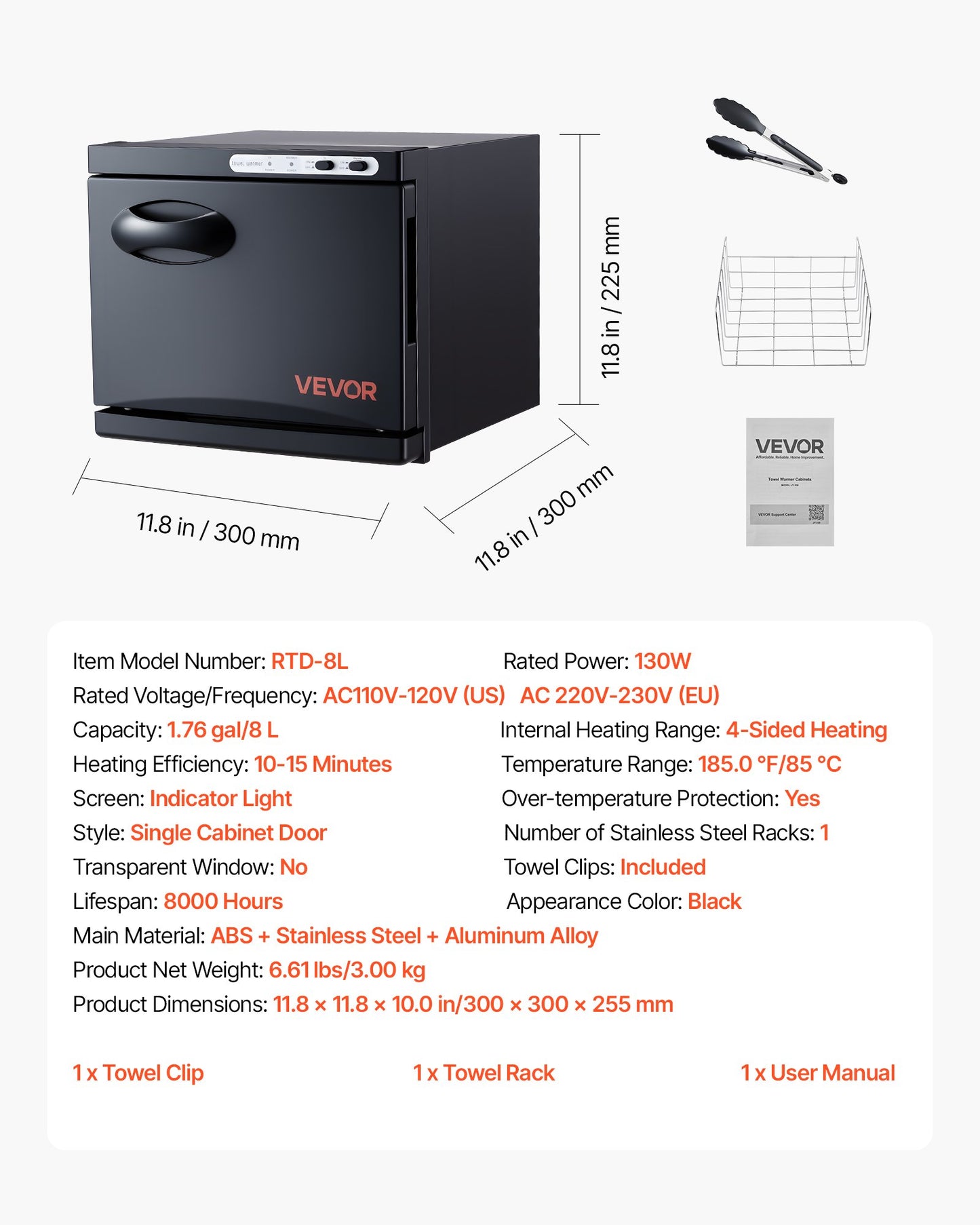 Hot Towel Warmer, 8L Small Towel Warmer Cabinet with Clip & Stainless Steel Rack, Holds up 12 Towels, Portable All-Round Heating Cabinet for Spa, Barber, Manicures, Massage, Salon, Black